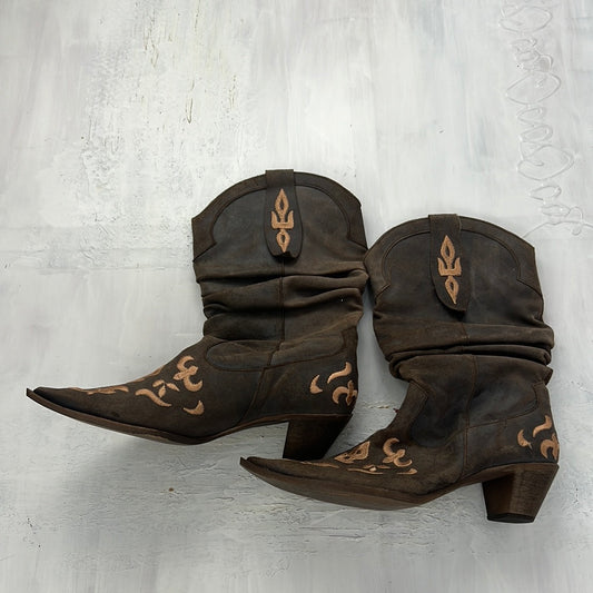 ⭐️COACHELLA DROP | brown suede cowboy boots with orange detail