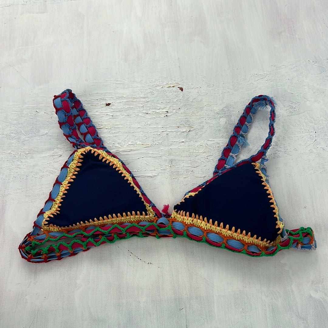 COACHELLA DROP | small navy bikini top with multicoloured crochet straps