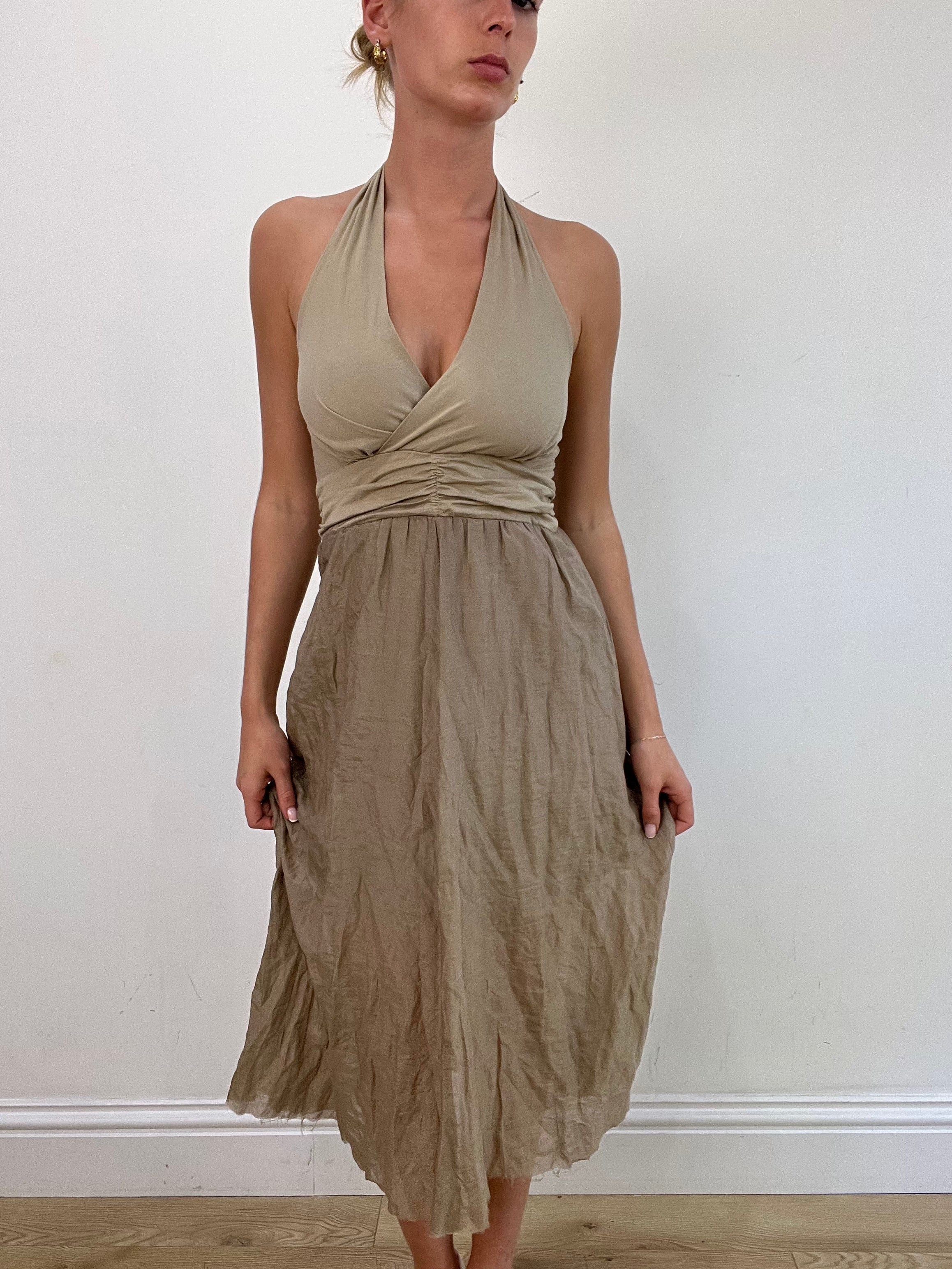 vintage edit: wedding guest | small beige halter neck midi dress with remass vintage edit: wedding guest | small beige halter neck midi dress with remass
