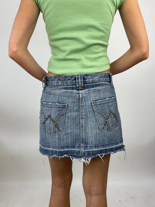 ADDISON RAE DROP | small denim  orsay distressed mini skirt with stud detail