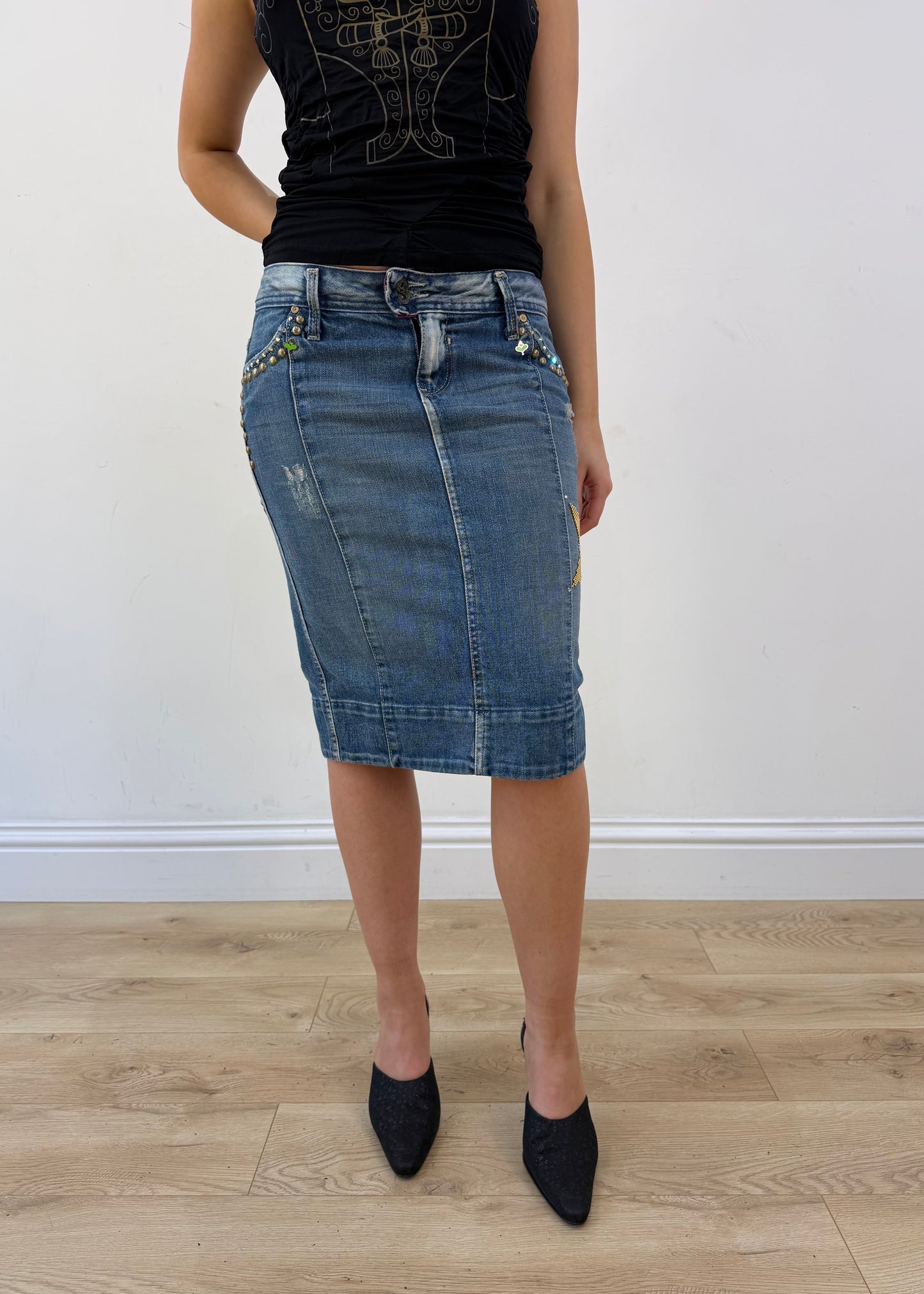 small medium blue embellished denim midi skirt detail view