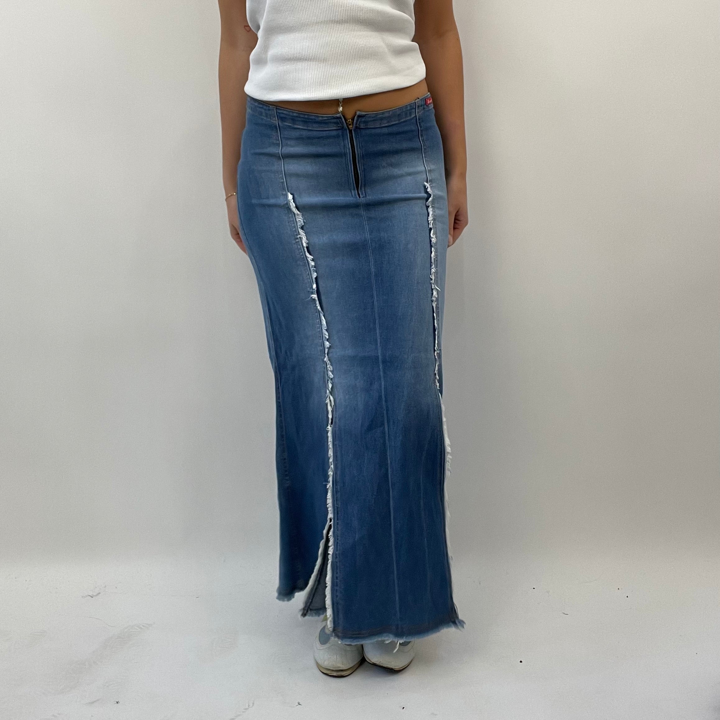BEST PICKS medium blue distressed denim maxi skirt with slits remass