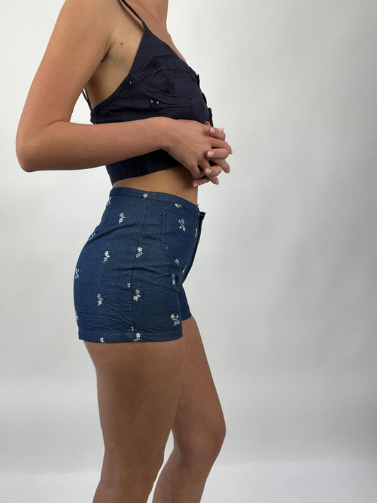 COASTAL COWGIRL DROP | extra small blue mini shorts with white embroidery