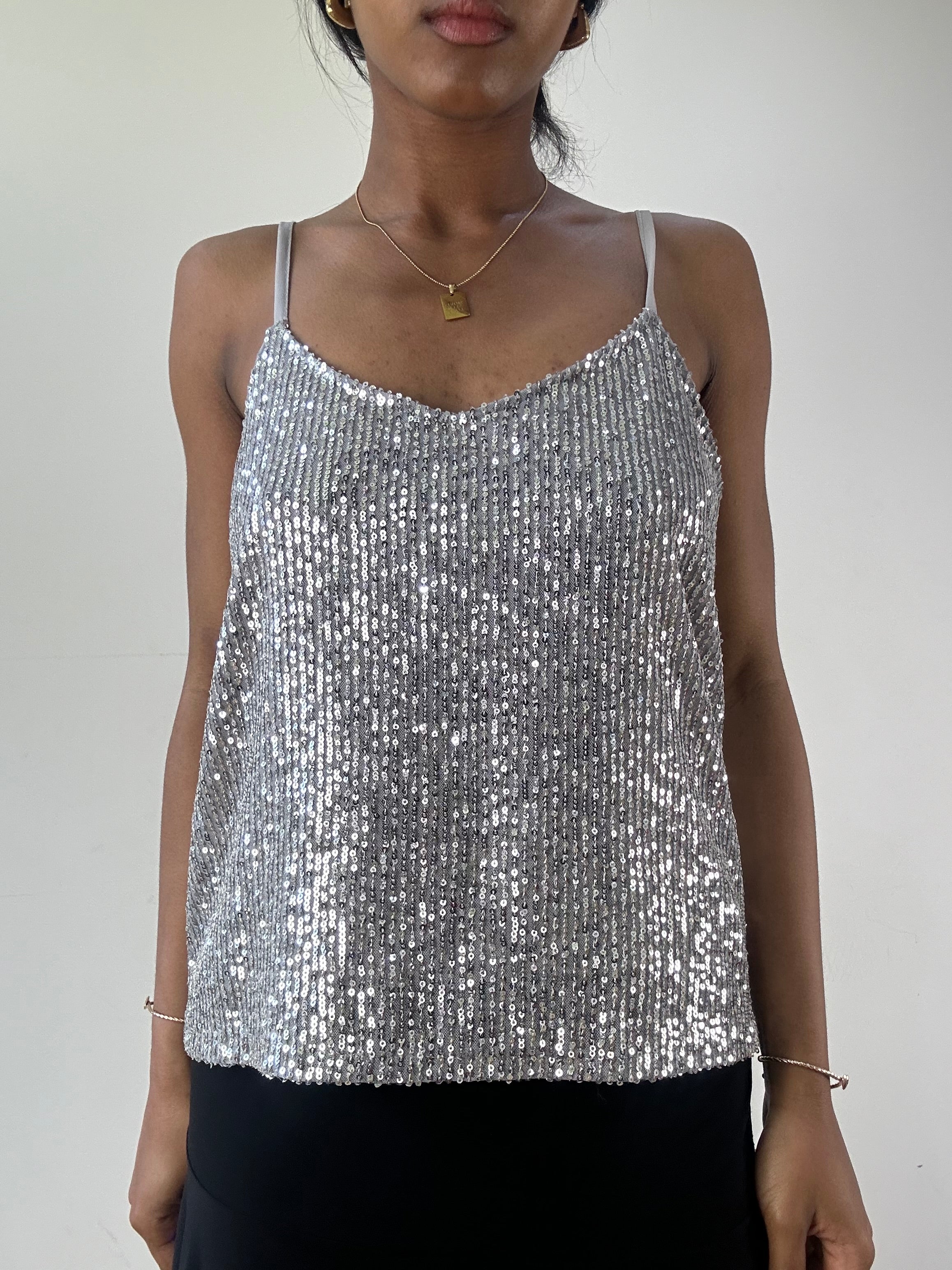 Women's Sequin Sparkle Camisole Top - V Neck, Strappy, Sleeveless, Champagne Gold, X-Large, Party Club Wear - View #11