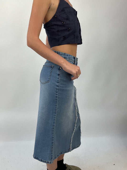 COASTAL COWGIRL DROP | small blue maxi denim skirt with fraying stitching detail