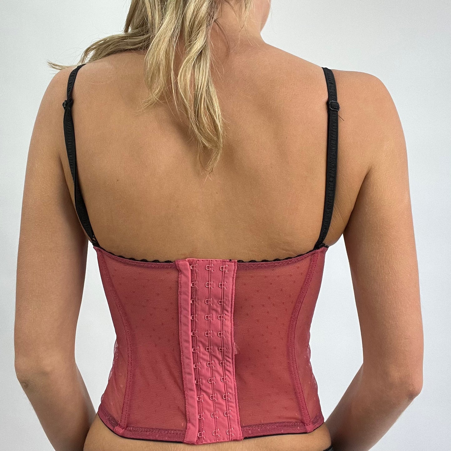 ETHEREAL GIRL DROP | small pink lace corset with black embroidery