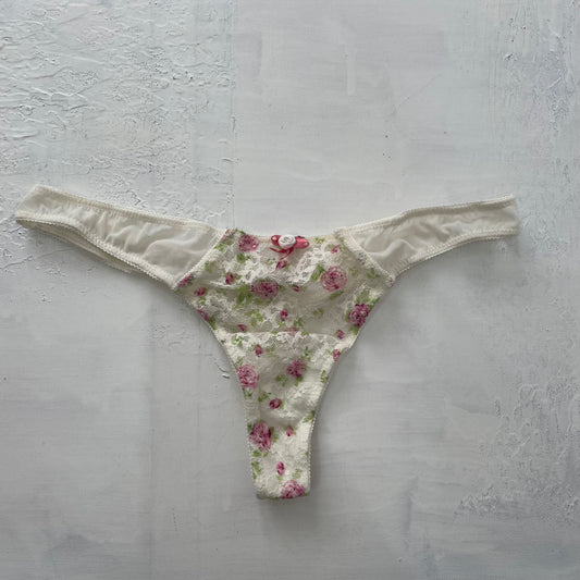 GRUNGE COQUETTE DROP | small white mesh thong with floral embroidery