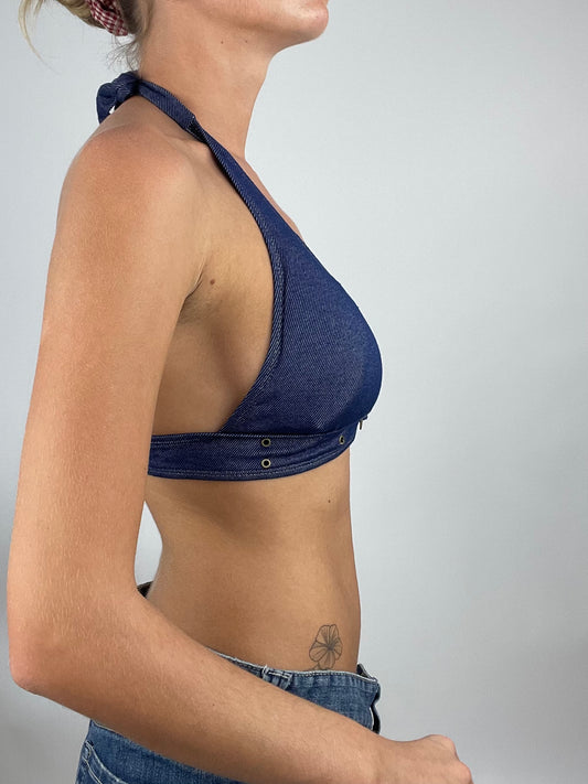 ADDISON RAE DROP | small denim halterneck bikini top with buckle detail