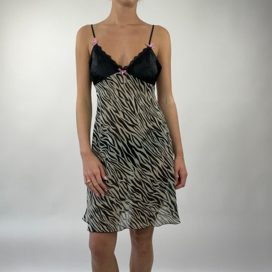 PROM SEASON DROP | small zebra print sheer slip dress w it h ribbon detail