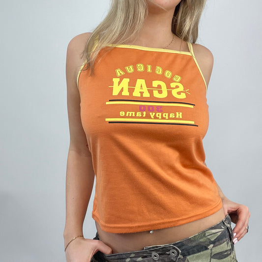 ELEVATED SPORTSWEAR DROP | small orange graphic cami top with yellow contrast trim