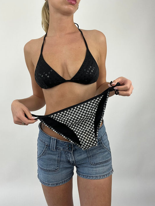 COASTAL COWGIRL DROP | small black bikini set with gingham bottoms and beaded detail on top