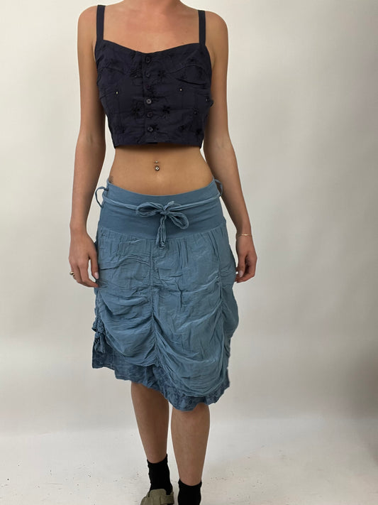 COASTAL COWGIRL DROP | small blue ruffle midi skirt with adjustable waist belt
