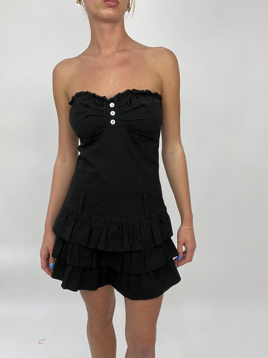 💻 COCONUT GIRL DROP | small black bandeau style dress with ruffle skirt detail