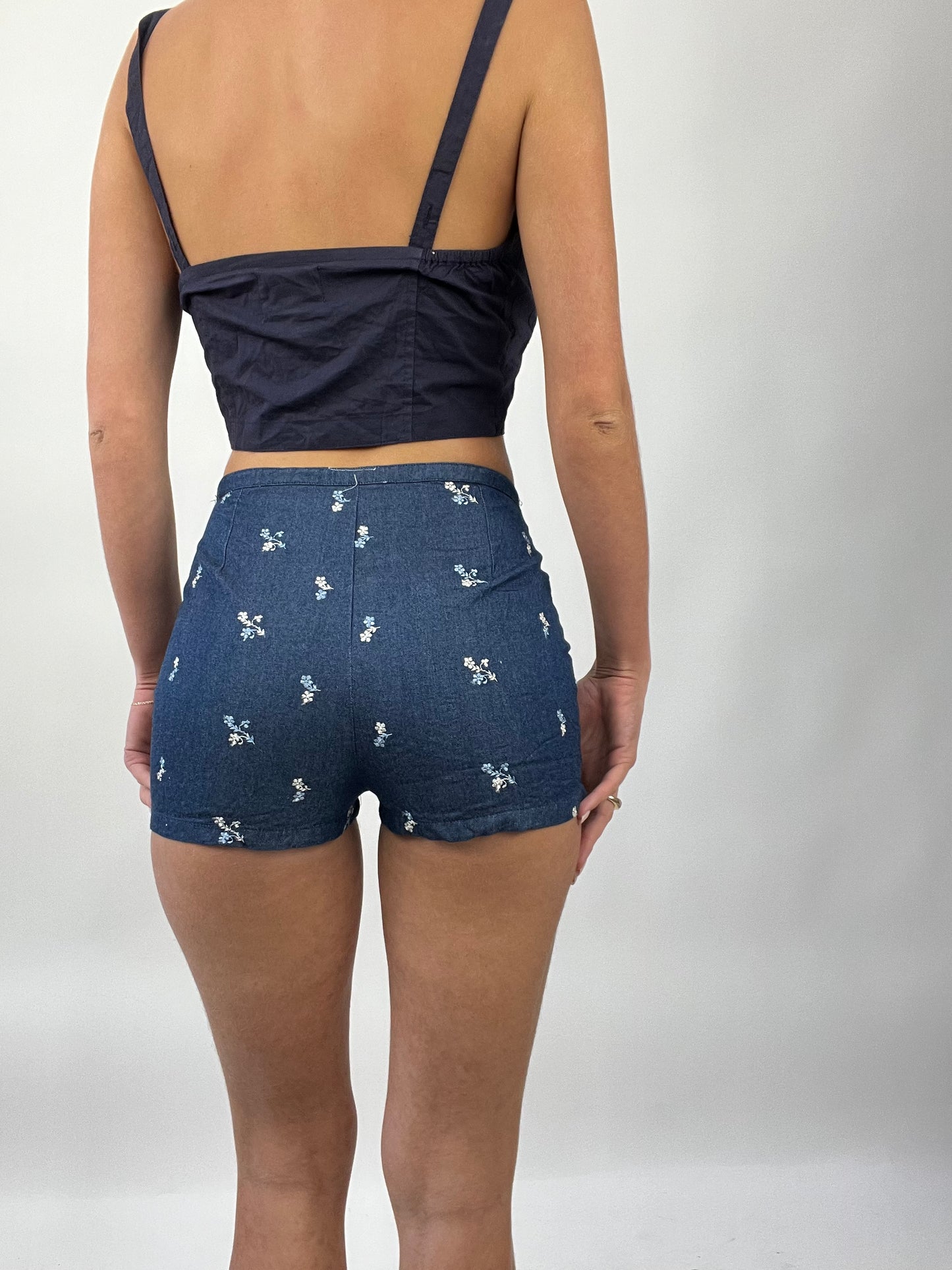 COASTAL COWGIRL DROP | extra small blue mini shorts with white embroidery