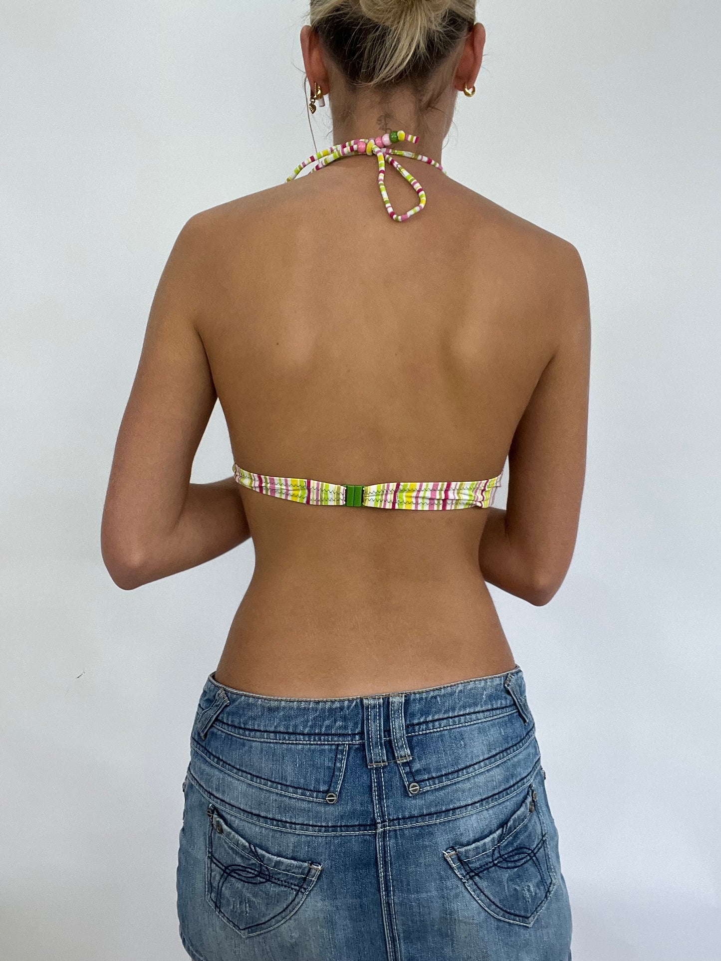 💻COACHELLA DROP | small yellow pink and green bandeau halterneck bikini set with floral and stripy pattern