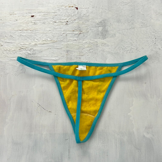 COACHELLA DROP | yellow and blue thong with brilliant spell out and sun pattern