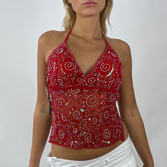 red swirly patterned sequin backless top festival top