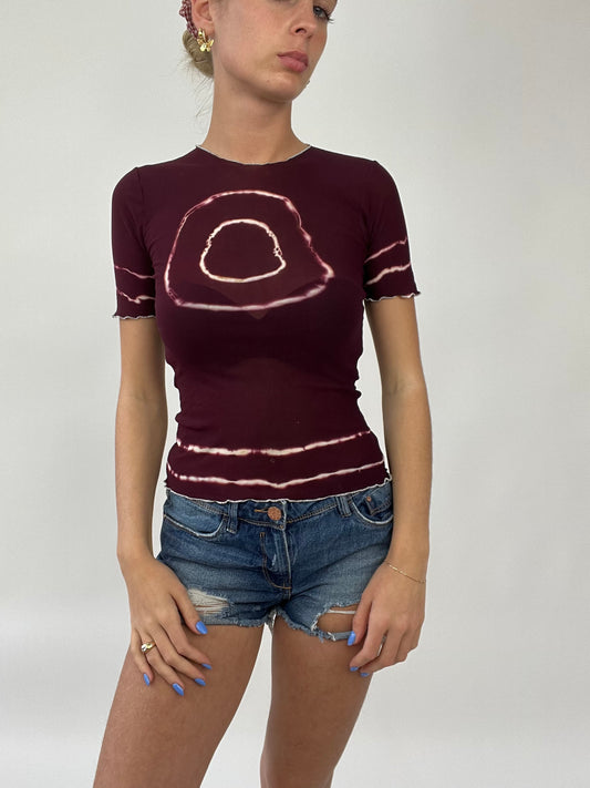 💻 COCONUT GIRL DROP | large burgundy mesh t-shirt with white circle pattern