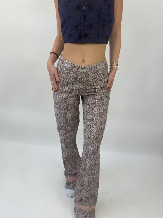 COASTAL COWGIRL DROP | extra small pink and brown paisley flared trousers
