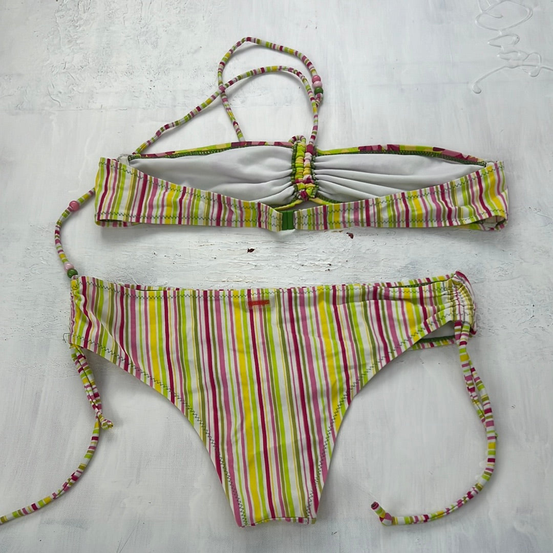 💻COACHELLA DROP | small yellow pink and green bandeau halterneck bikini set with floral and stripy pattern