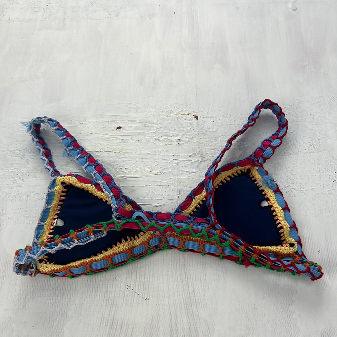 COACHELLA DROP | small navy bikini top with multicoloured crochet straps