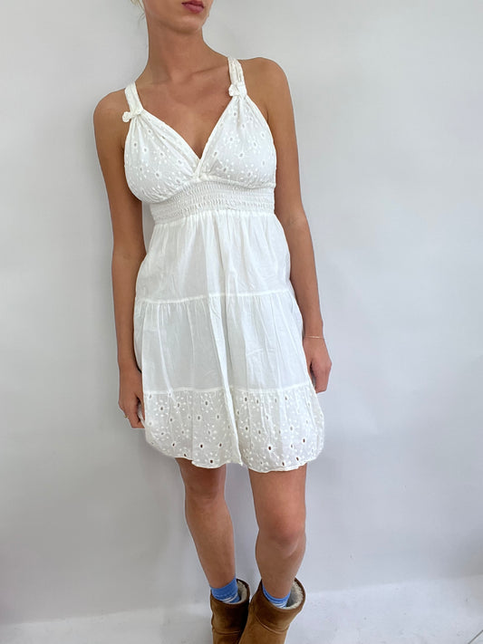 💻 COACHELLA DROP | small white broderie tiered dress with synched waist