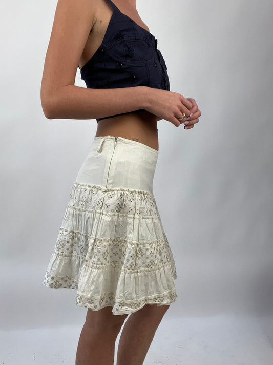 COASTAL COWGIRL DROP | small off white midi skirt with embroidery floral detail