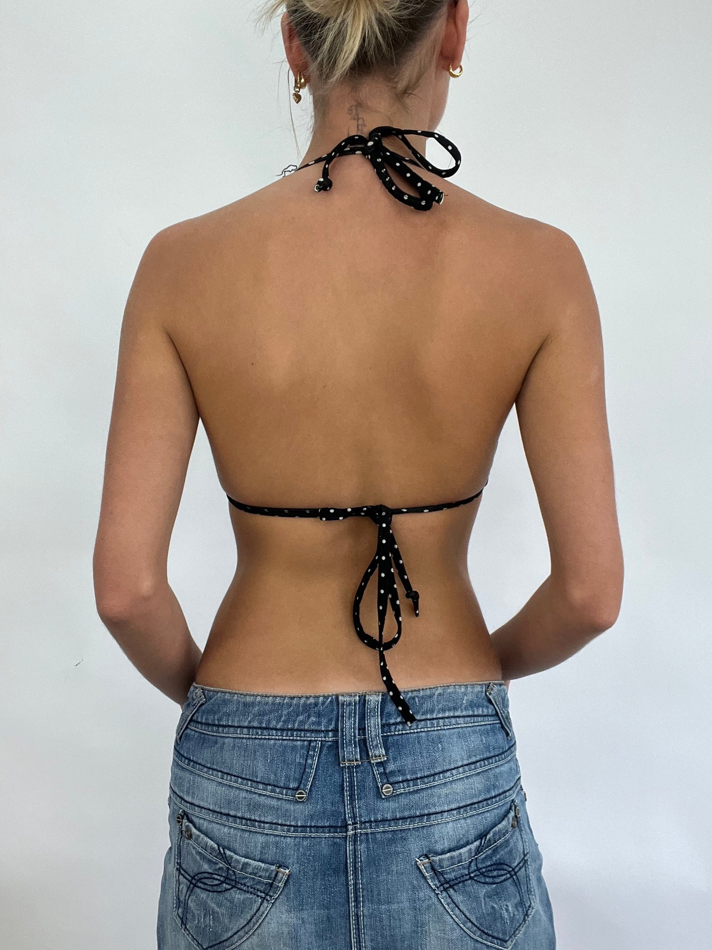 COACHELLA DROP | small black bikini top with strawberry pattern and polka dot straps
