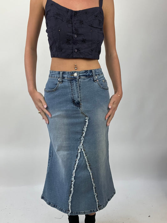 COASTAL COWGIRL DROP | small blue maxi denim skirt with fraying stitching detail
