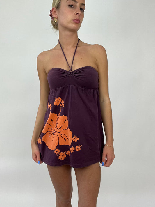 💻 COCONUT GIRL DROP | small purple roxy halterneck top with orange hibiscus print