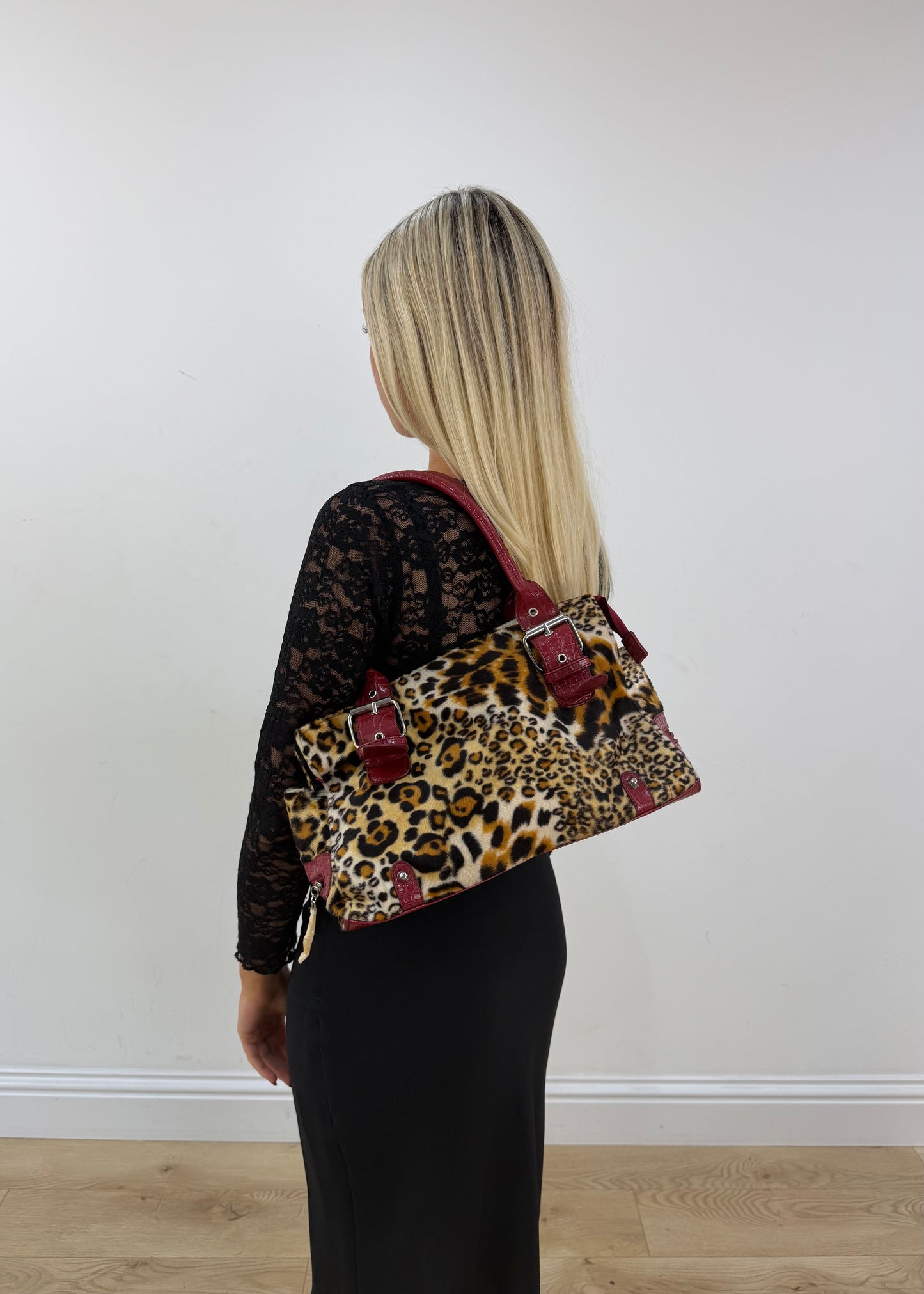 leopard print tote bag with red trim detail view