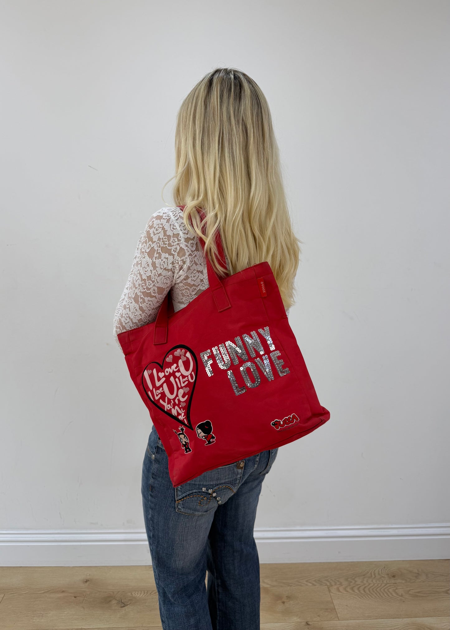 red graphic slogan tote bag detail view