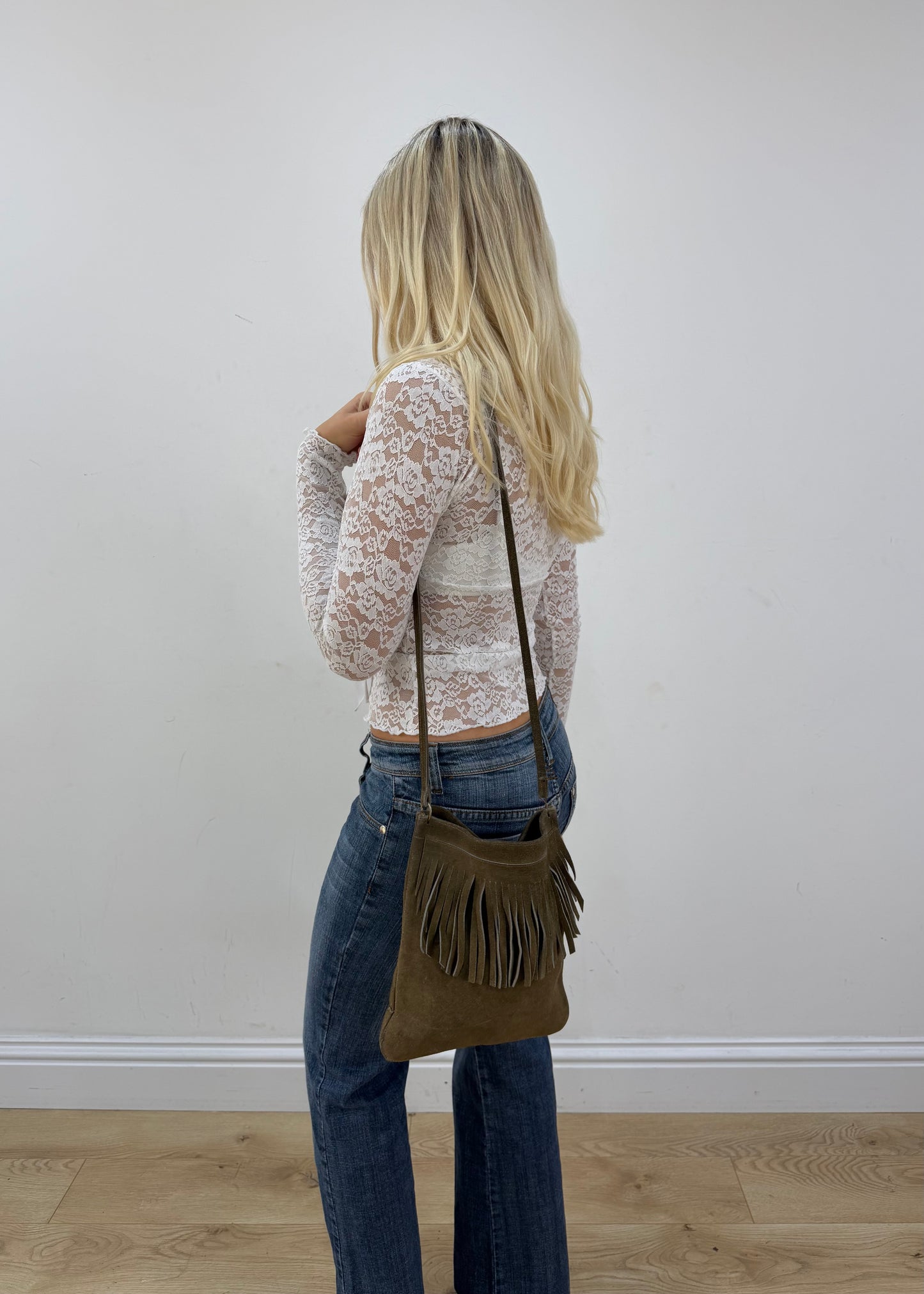 olive green fringe shoulder bag detail view