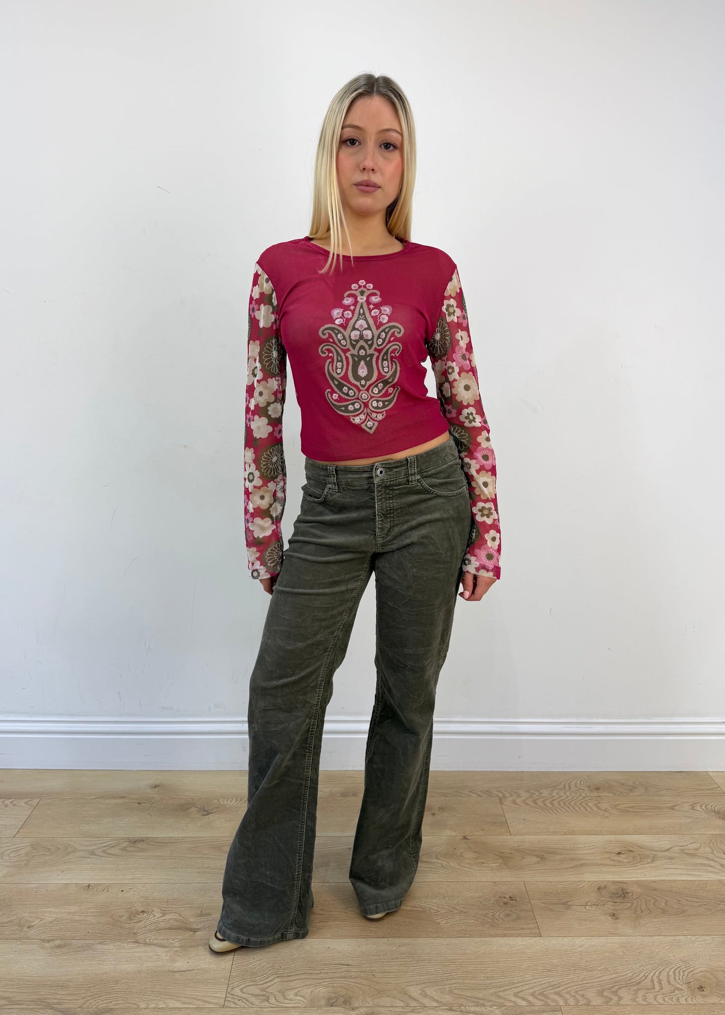 medium red and brown patterned long sleeve top image 7