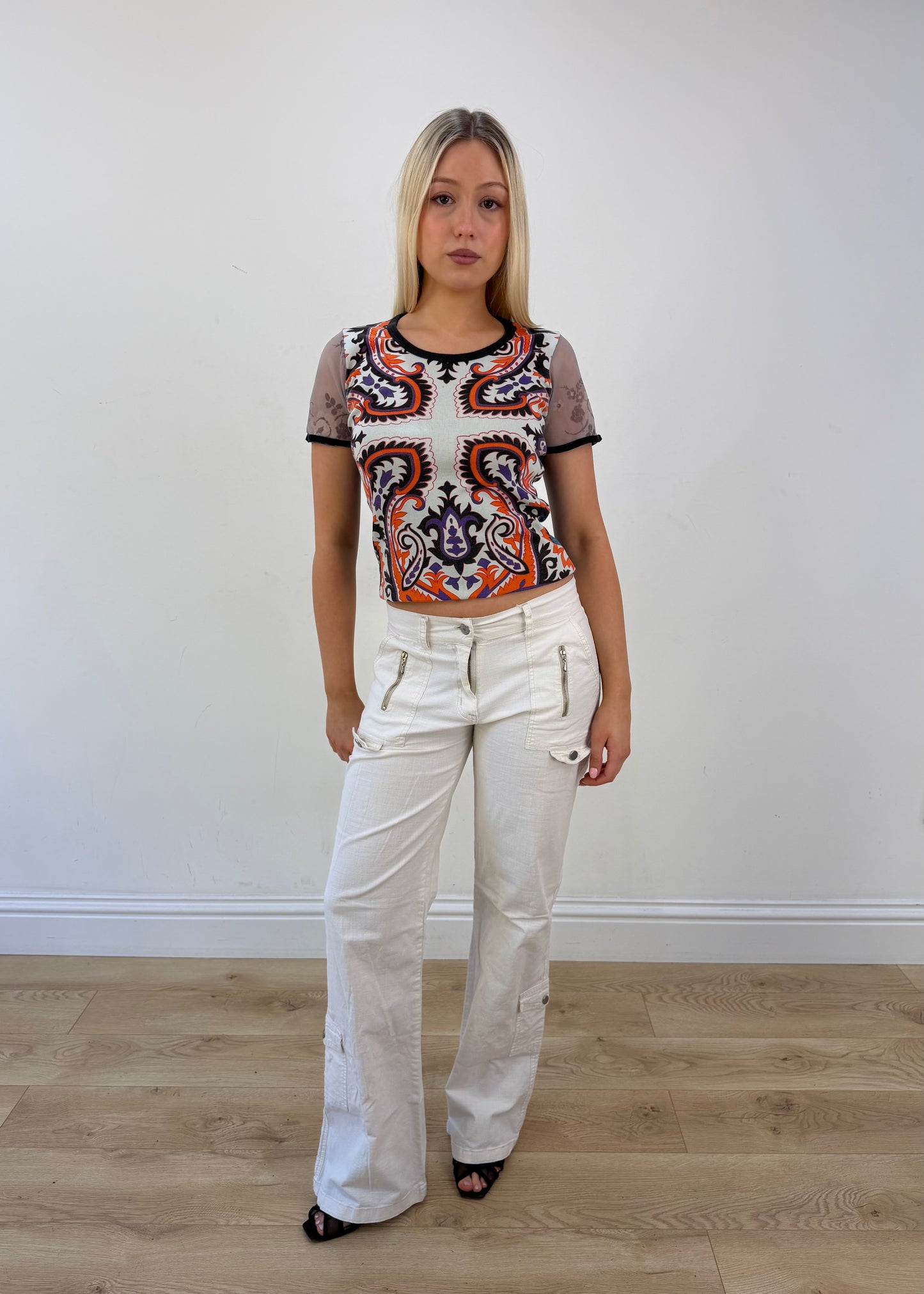 small custo barcelona orange and white patterned top view 7
