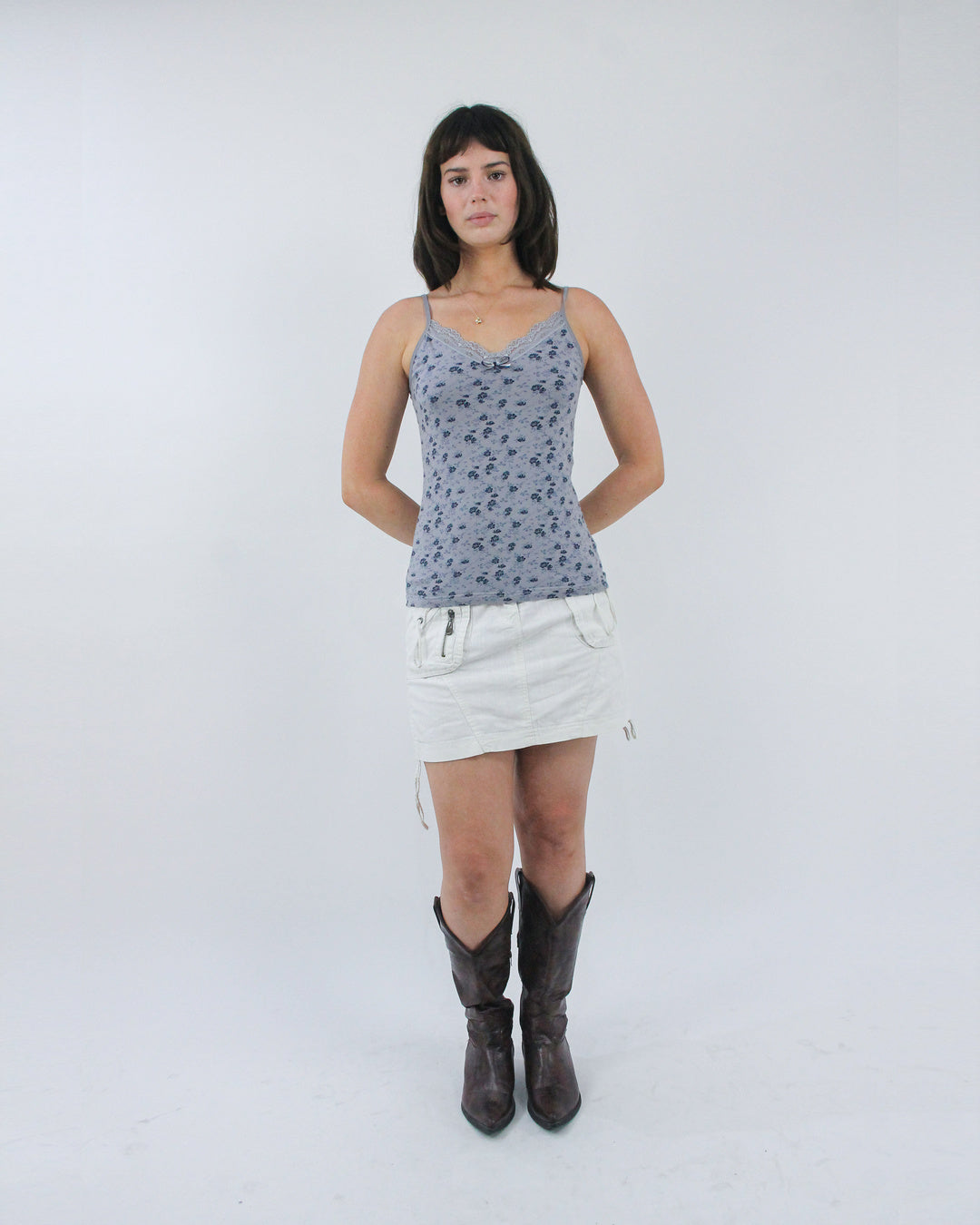 blue floral camisole top, front view