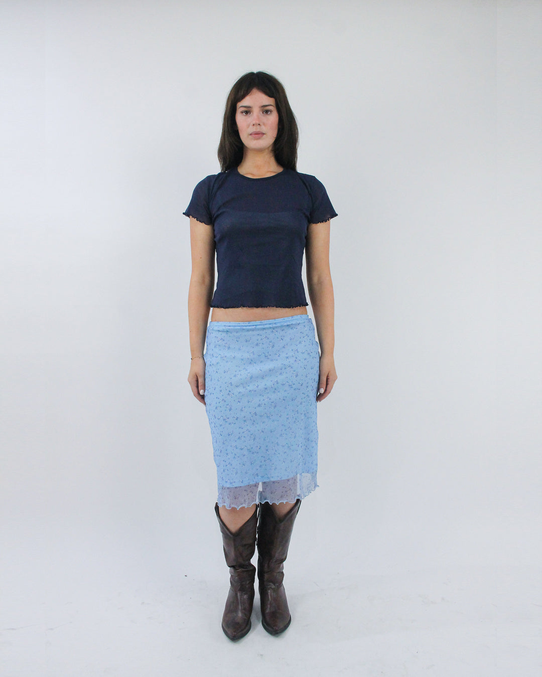 baby blue lace midi skirt, front view