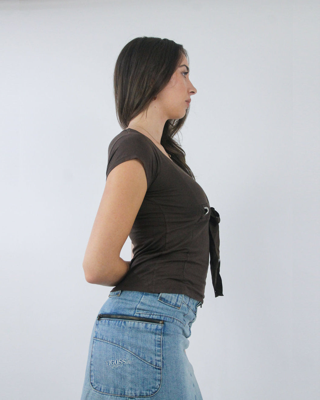 brown tie front cap sleeve top, side view