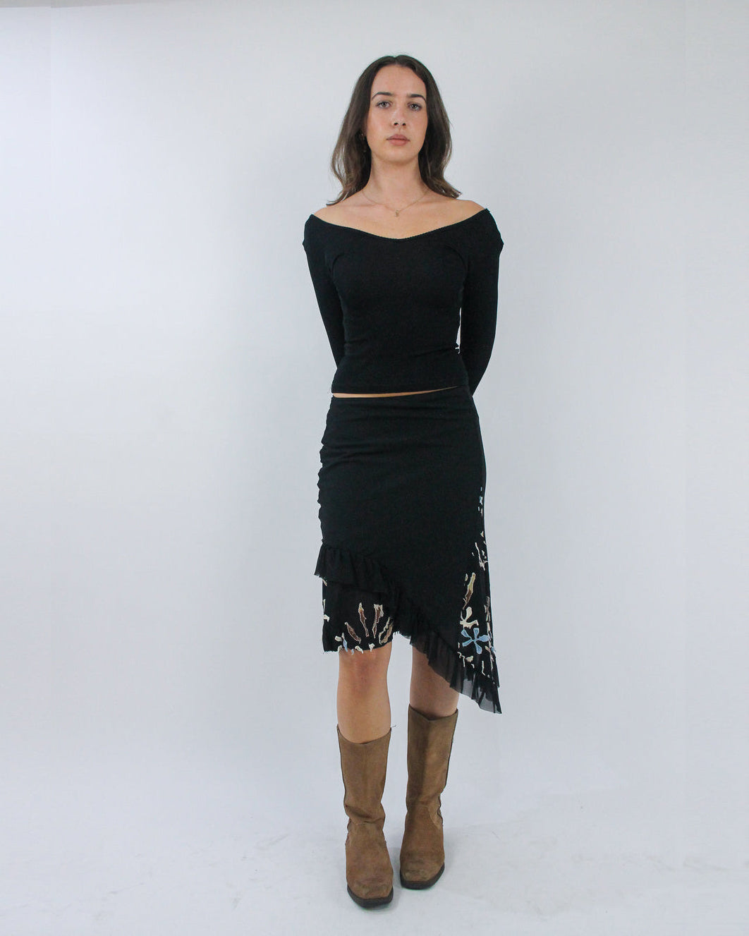 black off shoulder long sleeve top, front view