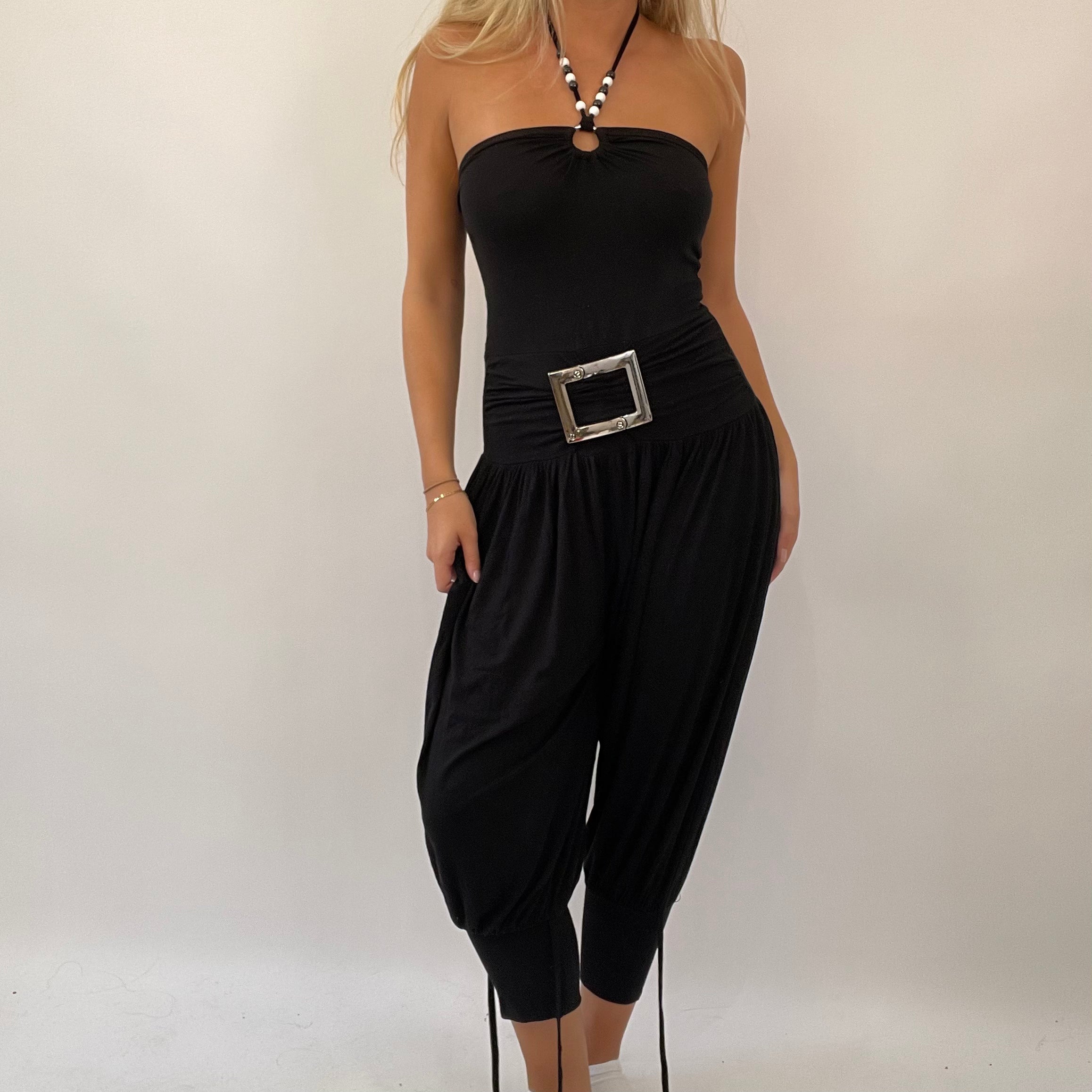 High waist buckle jumpsuit sales