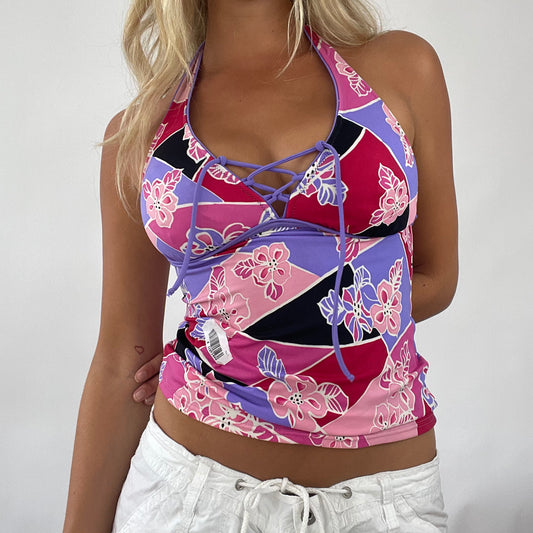 💻 TROPICAL GIRL PRINT | small pink and purple floral halter neck swim top with lace up front