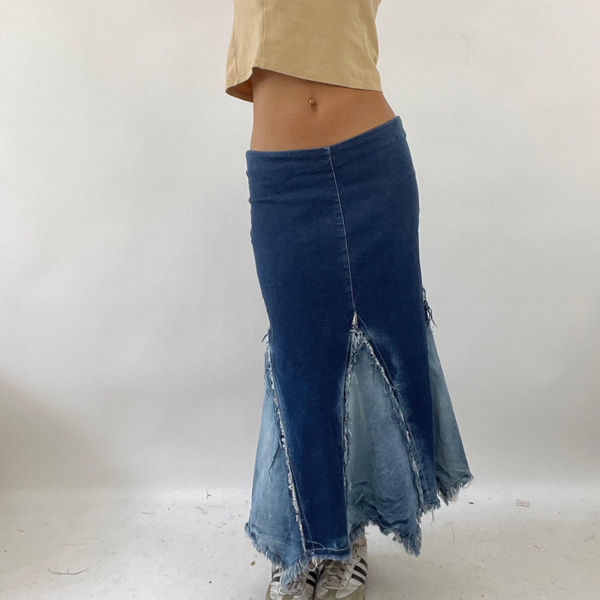 Long denim patchwork skirt outlet