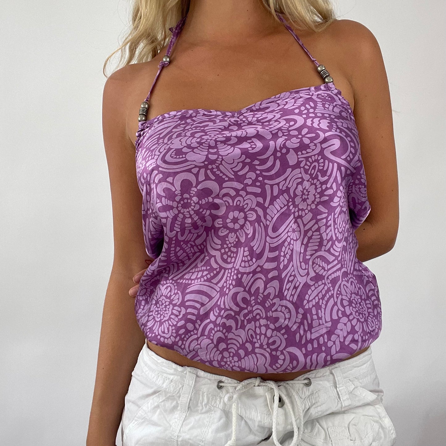 💻 TROPICAL GIRL DROP | xs purple patterned halterneck top with bead detailing