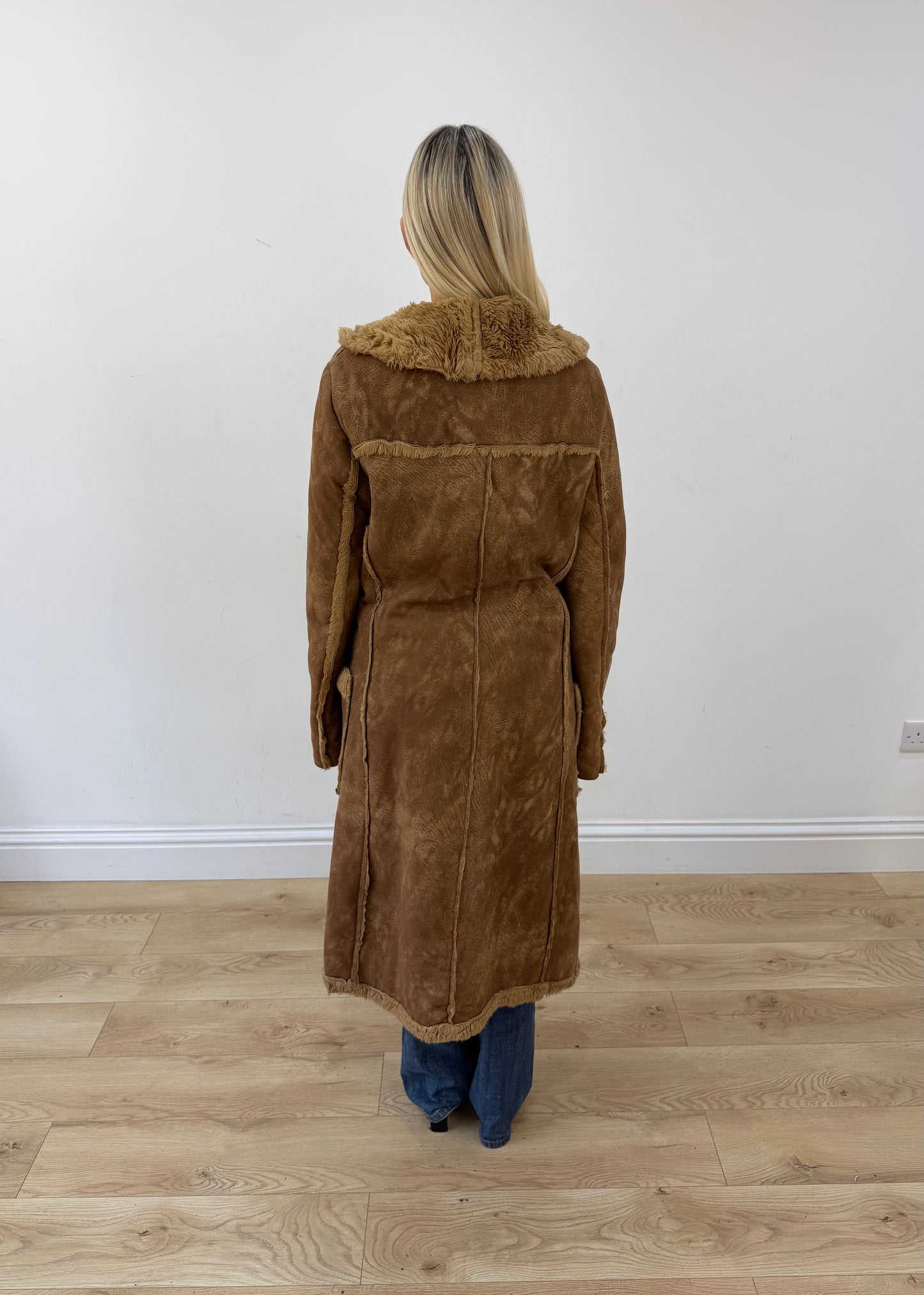 medium brown long shearling style coat 7