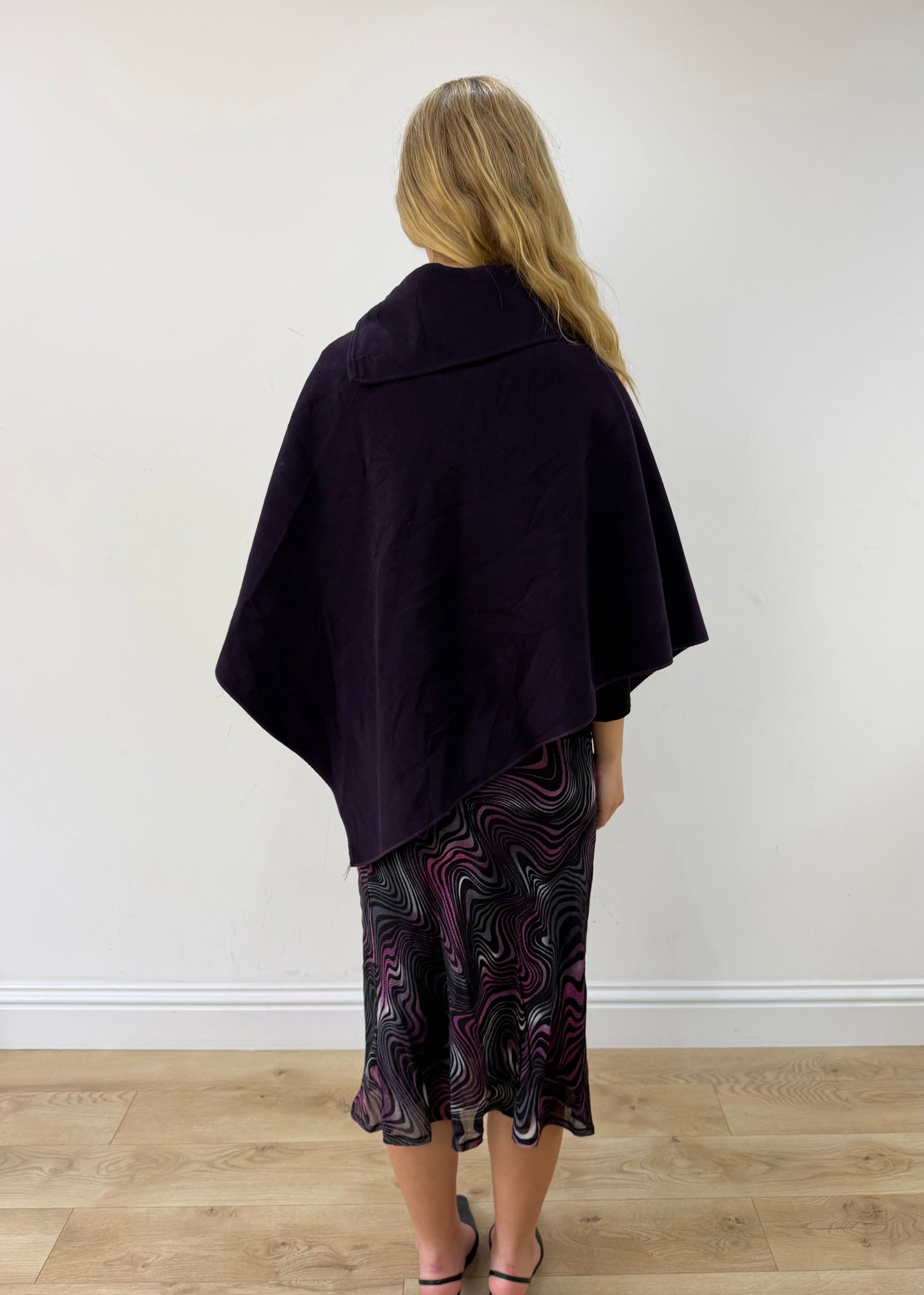 one size dark purple button-detail asymmetric poncho — photographed on Lily