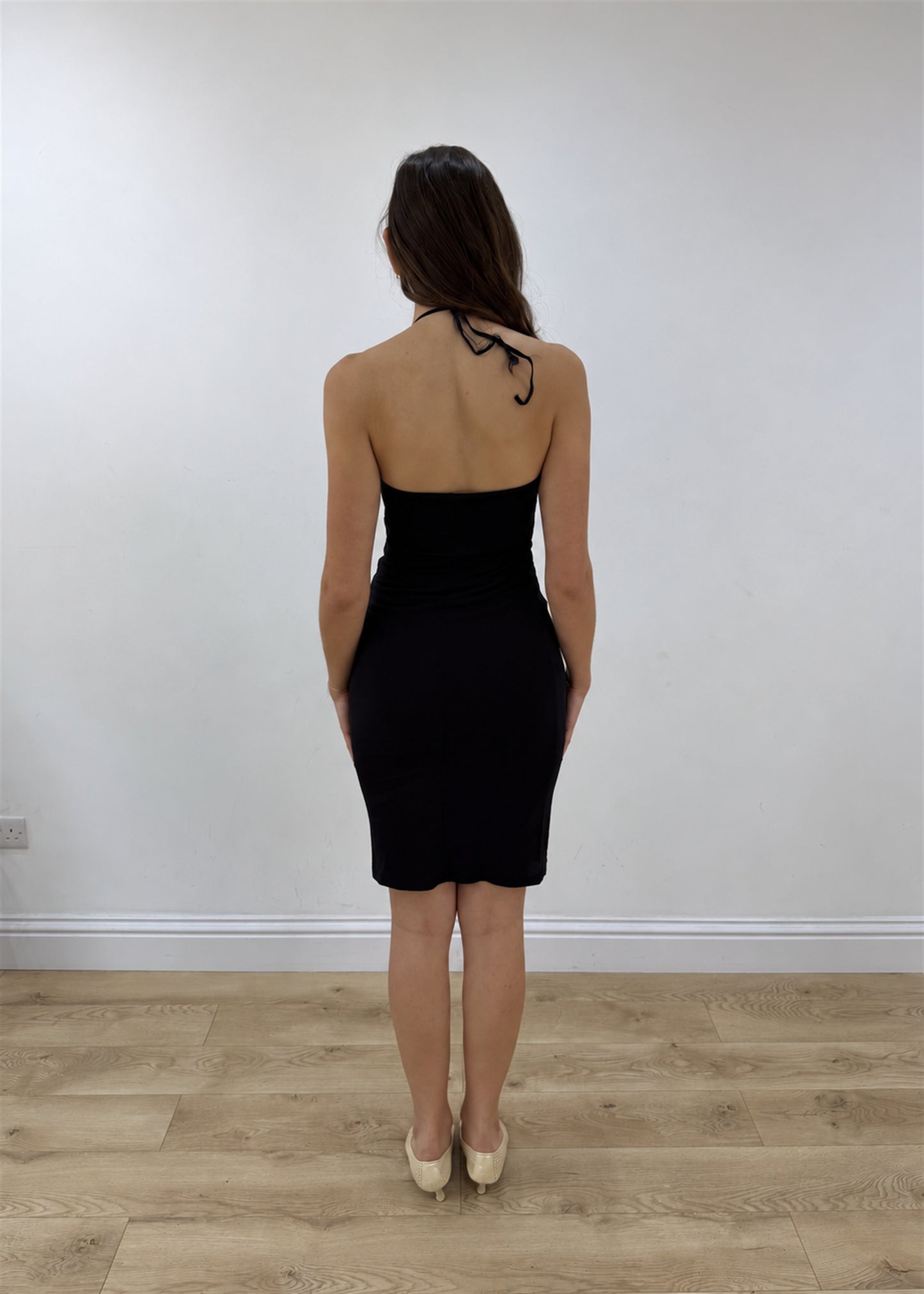 small black mesh overlay midi dress – back view