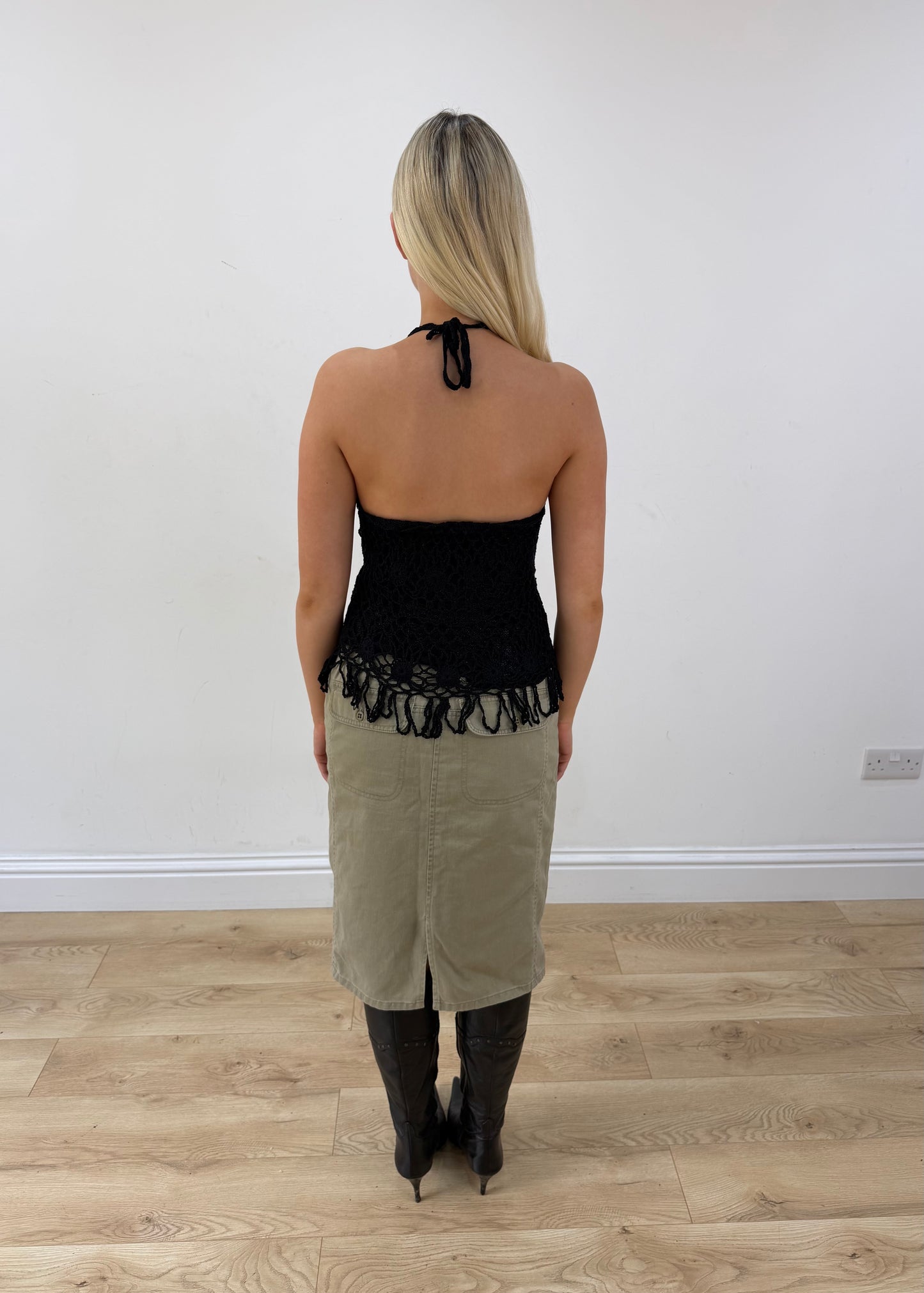 small black crochet halterneck top back