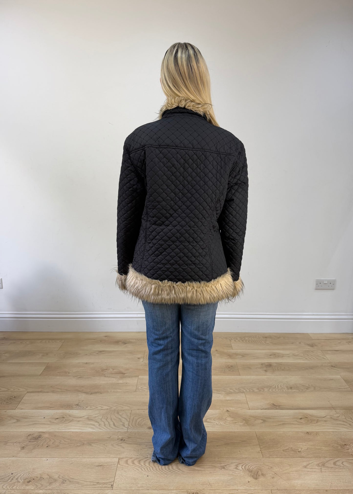 small black faux fur trim quilted jacket image 6