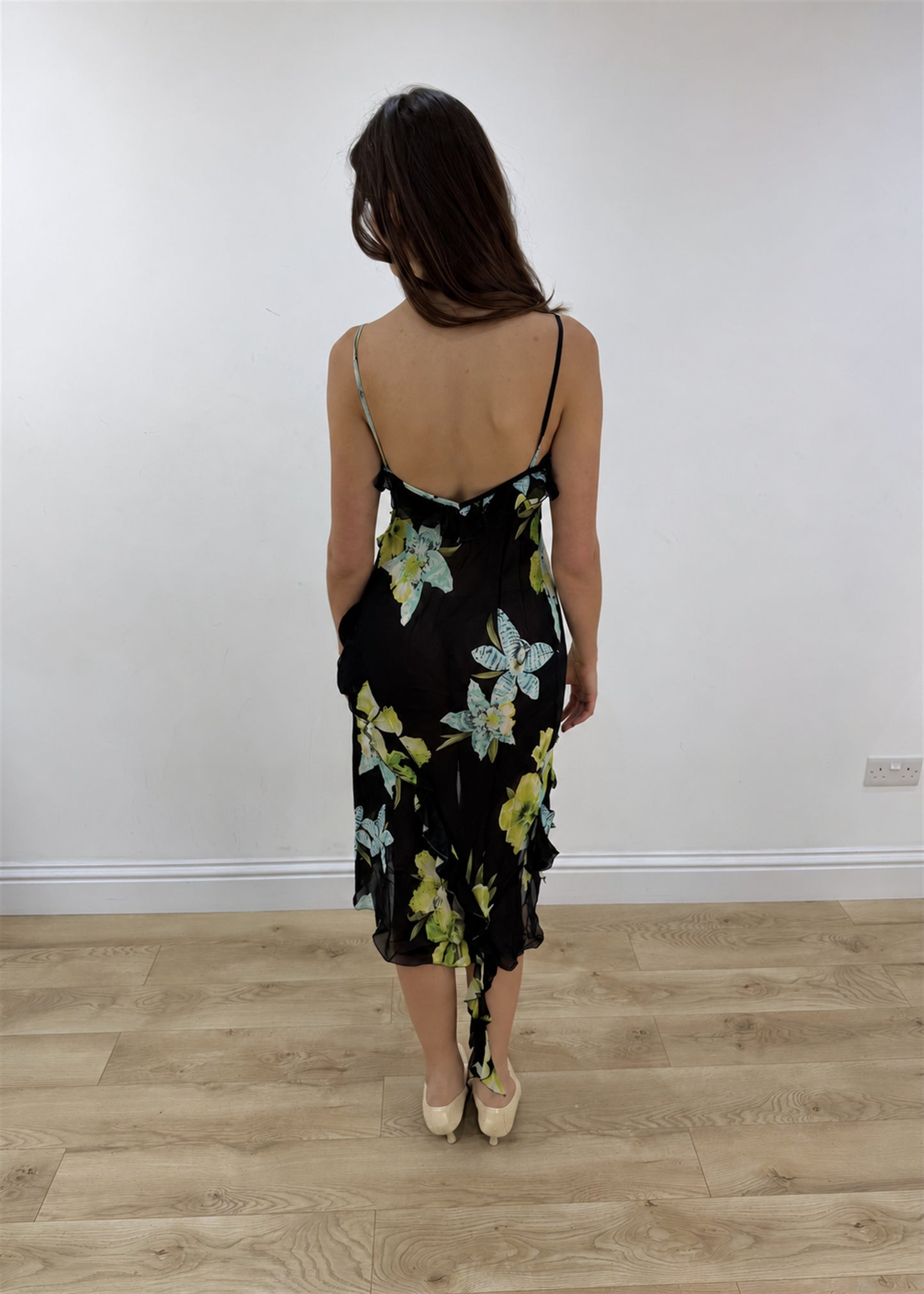 small black floral mesh overlay midi dress – back view