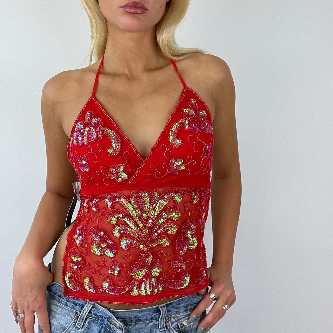 red sequin backless top festival top